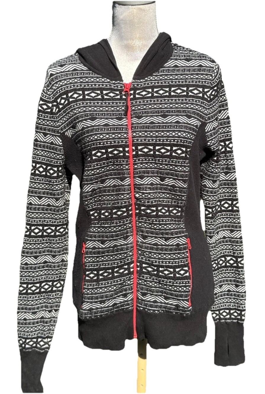 SKYR Womens Black White Intarsia Geometric Print Zip Up Hoodie Aztec Nordic Sz L